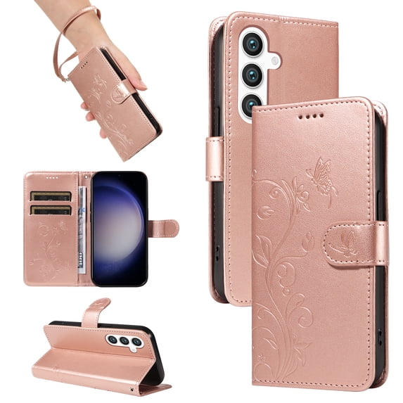 Galaxy A33 5G Wallet Case with Cards Slots & Hand Wrist, Allytech Premium PU Leather Floral Butterfly Flip Cover Stand Magnetic Closure Phone Case for Samssung Galaxy A33 5G - Rosegold