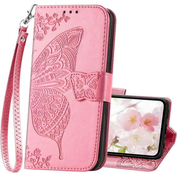for Galaxy A35 5G Phone Case Wallet,Women Flip Folio Cover with Card Holders Butterfly Embossed PU Leather Kickstand Wrist Strap Purse Case for Samsung A35 5G 6.6 Inch (Pink)