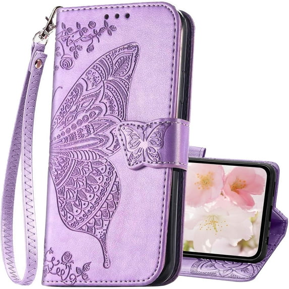 for Galaxy A35 5G Phone Case Wallet,Women Flip Folio Cover with Card Holders Butterfly Embossed PU Leather Kickstand Wrist Strap Purse Case for Samsung A35 5G 6.6 Inch (Lavender)