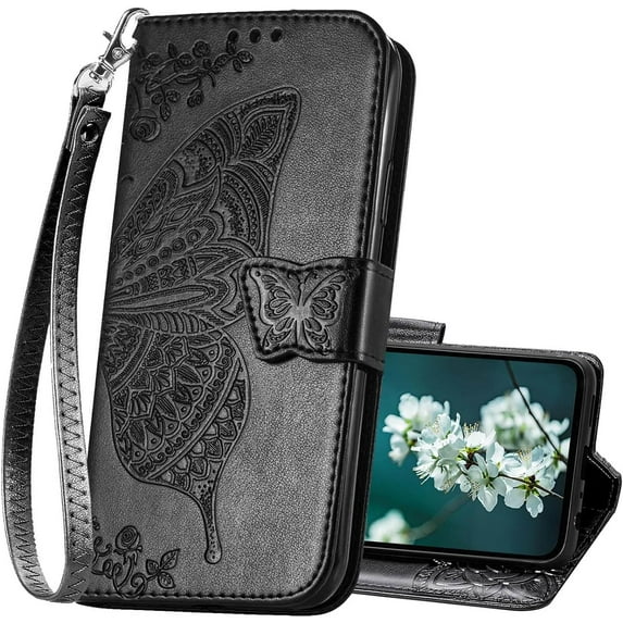 for Galaxy A35 5G Phone Case Wallet,Women Flip Folio Cover with Card Holders Butterfly Embossed PU Leather Kickstand Wrist Strap Purse Case for Samsung A35 5G 6.6 Inch (Black)