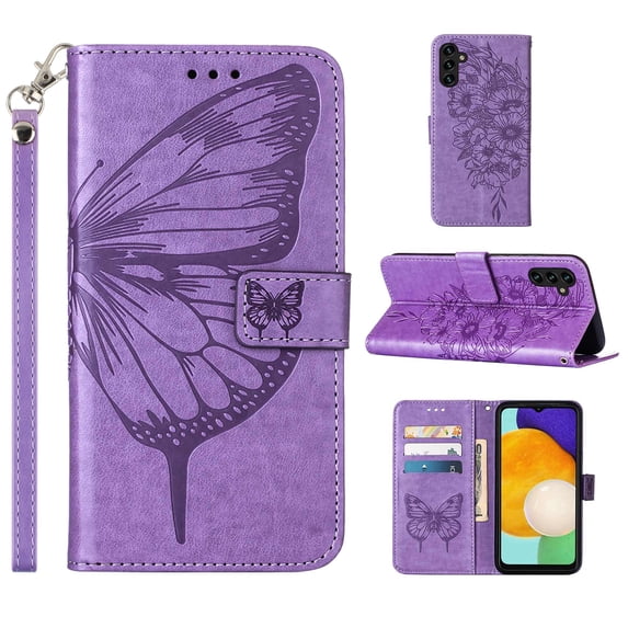 Galaxy A35 Case, Magnetic Folio Butterfly Patterned Wallet Case, Premium PU Leather with Wrist Strap Credit Card Holder Slots Kickstand Protective Cover For Samsung Galaxy A35, Lightpurple