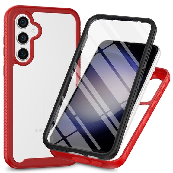 Galaxy A37 5G Case with Built in Screen Protector,Dteck Full-Body Shockproof Rubber Hybrid Protection Crystal Clear PC Back Protective Phone Case Cover for Samsung Galaxy A37,Red