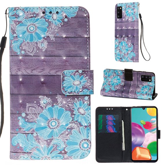 Galaxy A41 Case Wallet, Allytech PU Leather Case 3D Pattern Slim Shell Shockproof Kickstand Credit Cards Slots Hand Strap Magnetic Clasp Wallet Case Cover for Samsung Galaxy A41, Blue Flower
