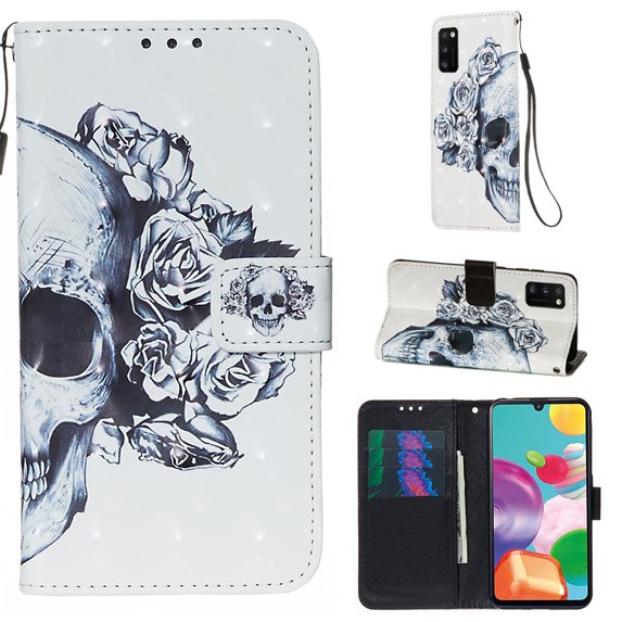 Galaxy A41 Case Wallet, Allytech PU Leather Case 3D Pattern Slim Shell Shockproof Kickstand Credit Cards Slots Hand Strap Magnetic Clasp Wallet Case Cover for Samsung Galaxy A41, Skull