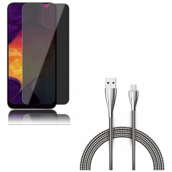 Galaxy A50/A20 6ft Metal USB Cable w Tempered Glass Privacy Screen Protector - Type-C Charger Cord Power, Anti-Spy Anti-Peep 3D Edge for Samsung Galaxy A50/A20