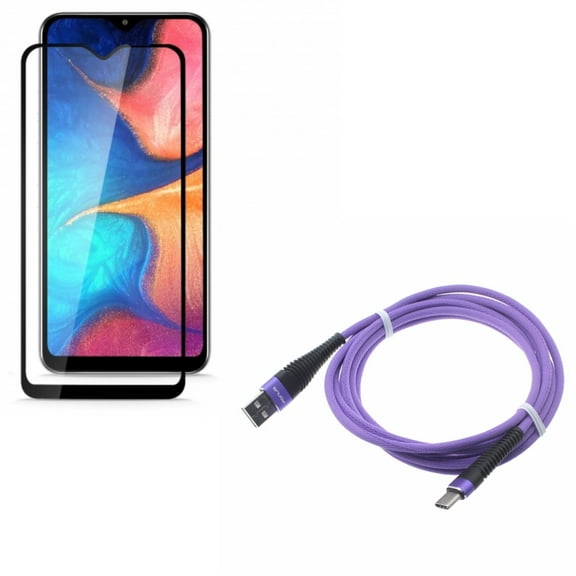 Galaxy A50/A20 Purple 10ft USB Cable w Anti-Glare Screen Protector - Type-C Charger Cord Power, Tempered Glass Matte Anti-Fingerprint for Samsung Galaxy A50/A20