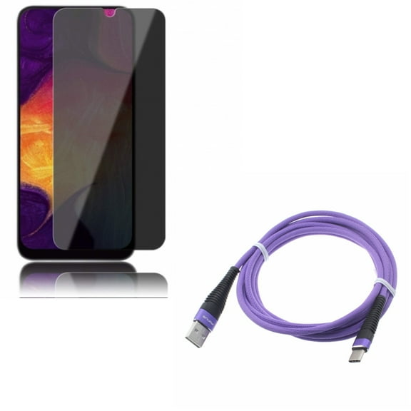 Galaxy A50/A20 Purple 6ft USB Cable w Tempered Glass Privacy Screen Protector - Type-C Charger Cord Power, Anti-Spy Anti-Peep 3D Edge for Samsung Galaxy A50/A20
