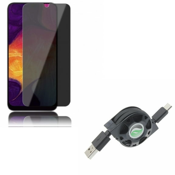 Galaxy A50/A20 Retractable USB Cable w Tempered Glass Privacy Screen Protector - Type-C Charger Power, Anti-Spy Anti-Peep 3D Edge for Samsung Galaxy A50/A20