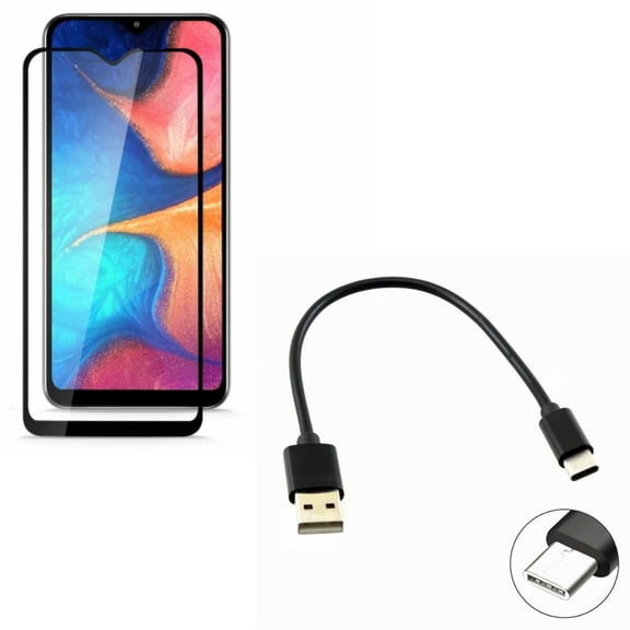 Galaxy A50/A20 Short USB Cable w Anti-Glare Screen Protector - Type-C Charger Cord, Tempered Glass Matte Anti-Fingerprint for Samsung Galaxy A50/A20