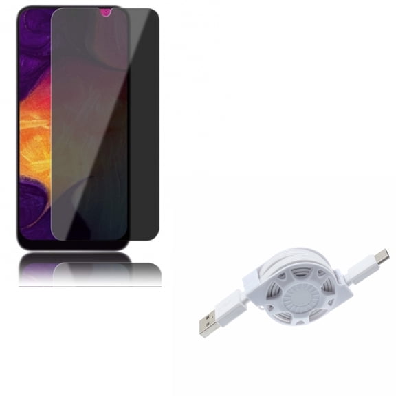 Galaxy A50/A20 Tempered Glass Privacy Screen Protector w Retractable USB Cable - Anti-Spy Anti-Peep 3D Edge, Type-C Charger Power for Samsung Galaxy A50/A20