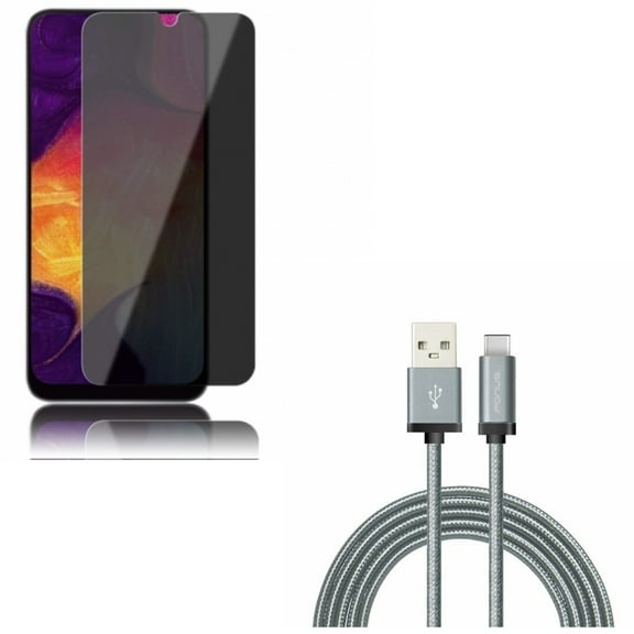 Galaxy A50/A20 Tempered Glass Privacy Screen Protector w Type-C 6ft USB Cable - Anti-Spy Anti-Peep 3D Edge, Charger Cord Power Wire for Samsung Galaxy A50/A20