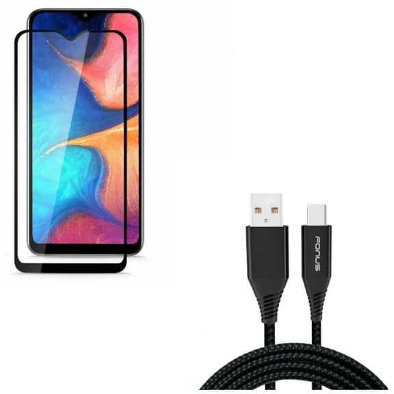 Galaxy A50/A20 Type-C 10ft USB Cable w Anti-Glare Screen Protector - Charger Cord Power Wire, Tempered Glass Matte Anti-Fingerprint for Samsung Galaxy A50/A20
