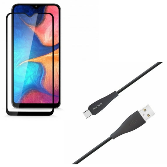 Galaxy A50/A20 Type-C 10ft USB Cable w Anti-Glare Screen Protector - Charger Cord Power Wire, Tempered Glass Matte Anti-Fingerprint for Samsung Galaxy A50/A20