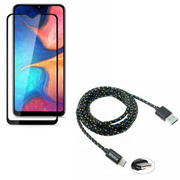 Galaxy A50/A20 Type-C 6ft USB Cable w Anti-Glare Screen Protector - Charger Cord Power Wire, Tempered Glass Matte Anti-Fingerprint for Samsung Galaxy A50/A20