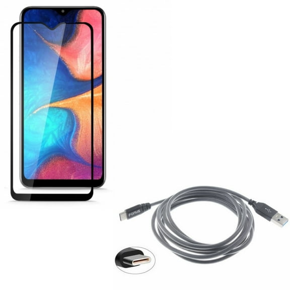 Galaxy A50/A20 Type-C 6ft USB Cable w Anti-Glare Screen Protector - Charger Cord Power Wire, Tempered Glass Matte Anti-Fingerprint for Samsung Galaxy A50/A20