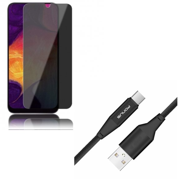 Galaxy A50/A20 Type-C 6ft USB Cable w Tempered Glass Privacy Screen Protector - Charger Cord Power Wire, Anti-Spy Anti-Peep 3D Edge for Samsung Galaxy A50/A20