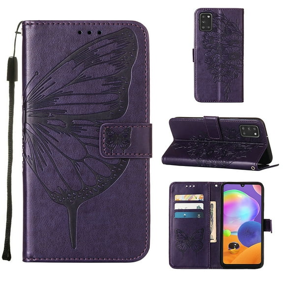 Galaxy A51 4G Wallet Case, Embossed Butterfly PU Leather Credit Card Holder Slots Full Body Protection Kickstand Flip Folio Shockproof TPU Phone Cover for Samsung Galaxy A51 4G, Purple