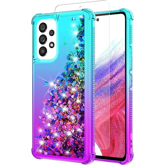 for Galaxy A53 Case,Samsung A53 5G Case with HD Screen Protector,Gradient Quicksand Glitter Liquid Floating Waterfall Durable Girls Cute Phone Case for Samsung Galaxy A53 5G (Teal/Purple)