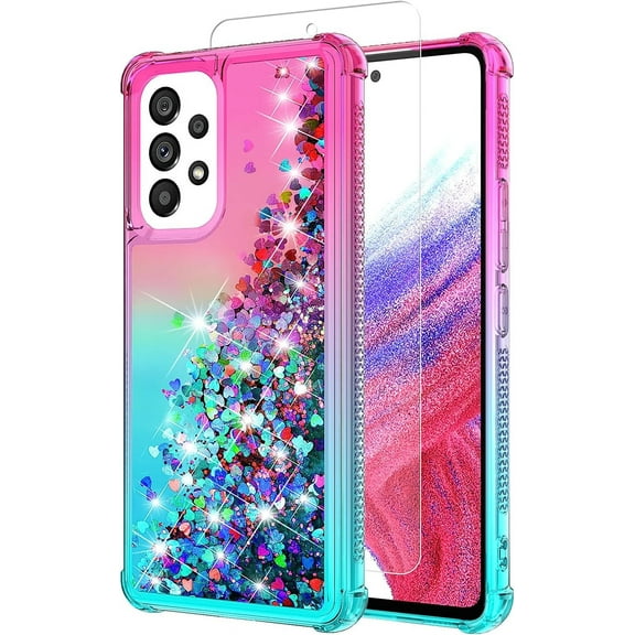 Galaxy A53 Case,Samsung A53 5G Case with HD Screen Protector,Gradient Quicksand Glitter Liquid Floating Waterfall Durable Girls Cute Phone Case for Samsung Galaxy A53 5G (Pink/Teal)