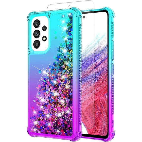 for Galaxy A53 Case,Samsung A53 5G Case with HD Screen Protector,Gradient Quicksand Glitter Liquid Floating Waterfall Durable Girls Cute Phone Case for Samsung Galaxy A53 5G (Teal/Purple)
