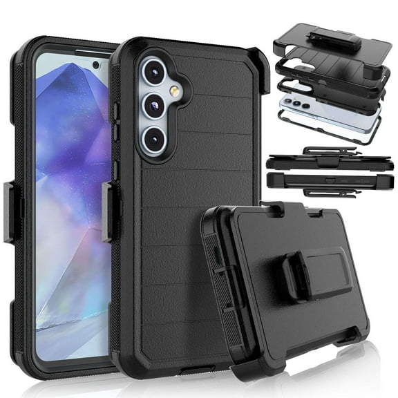 Galaxy A55 5G Case,Takfox Samsung Galaxy A55 5G Holster Phone Case with Built-in Screen Protector Swivel Belt Clip [3 Layers] Heavy Duty Full Body Protection Shockproof Kickstand Cover - Black