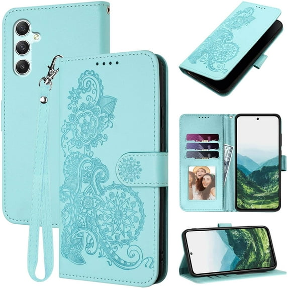 for Galaxy A55 5G Phone Case Wallet,A55 Flip Cases,Card Holder Cute Floral Leather Kickstand,Wrist Strap, Closure,Shockproof Protective Cover for Samsung A55 5G / 4G (Teal)