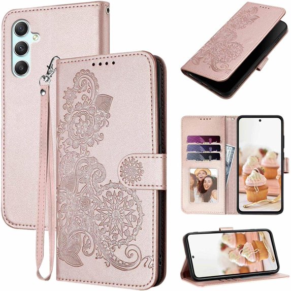 for Galaxy A55 5G Phone Case Wallet,A55 Flip Cases,Card Holder Cute Floral Leather Kickstand,Wrist Strap, Closure,Shockproof Protective Cover for Samsung A55 5G / 4G (Rose Gold)