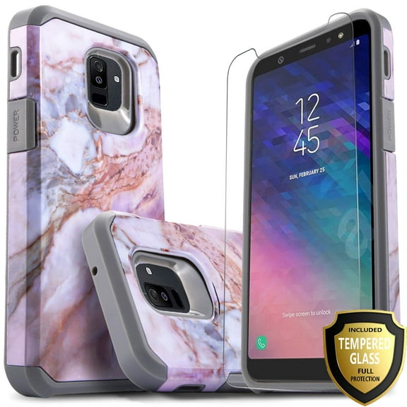 Galaxy A6 Case, With [Tempered Glass Screen Protector], Heavy Duty Drop Protection Impact Advanced Rugged Protective Slim Fit Phone Cover-Marble Pattern