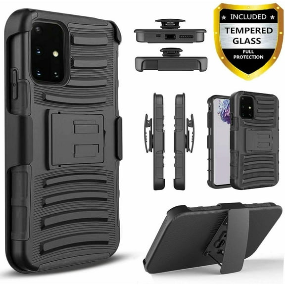 Galaxy A71 Phone Case, Dual Layers [Combo Holster] And Built-In Kickstand Bundled with [Temerped Glass Screen Protector] Hybird Shockproof (Black)