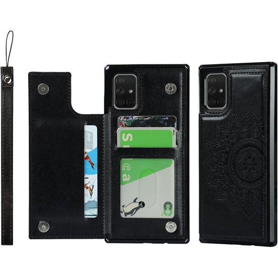 Galaxy A71 Wallet Case with RFID Blocking Card Holder,Premium PU Leather Double Magnetic Buttons Stand Flip Wrist Lanyard Strap Back Cover Case for Samsung Galaxy A71 6.7 Inch,Black