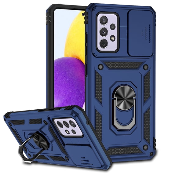 Galaxy A72 5G Kickstand Armor Case with Slide Camera Lens Protection Cover Built-in 360° Rotate Ring Holder Stand Magnetic Military Shockproof Phone Cover Case for Samsung Galaxy A72 5G,
Blue