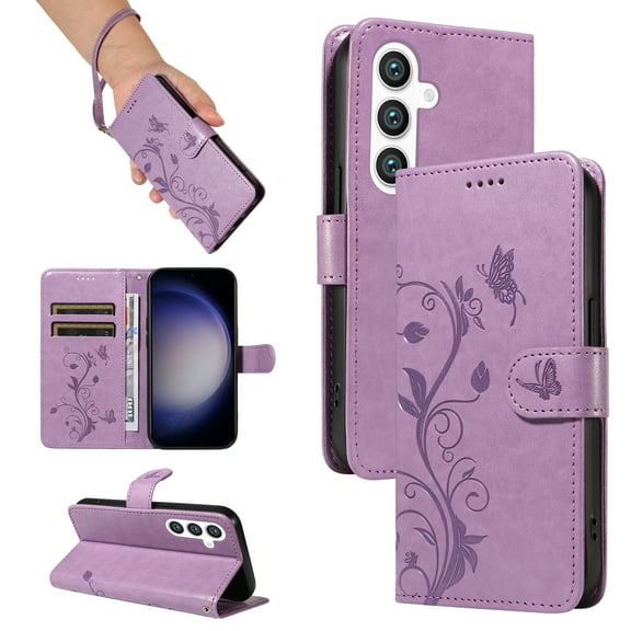 Galaxy A72 Wallet Case with Cards Slots & Hand Wrist, Allytech Premium PU Leather Floral Butterfly Flip Cover Stand Magnetic Closure Phone Case for Samssung Galaxy A72 - Purple