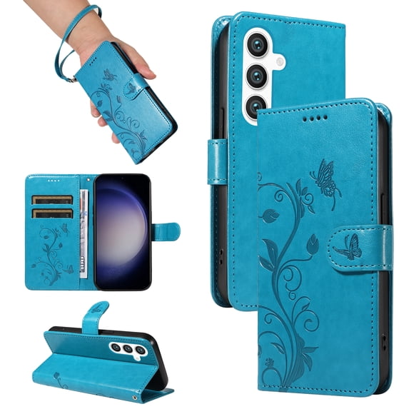 Galaxy A73 5G Wallet Case with Cards Slots & Hand Wrist, Allytech Premium PU Leather Floral Butterfly Flip Cover Stand Magnetic Closure Phone Case for Samssung Galaxy A73 5G - Blue