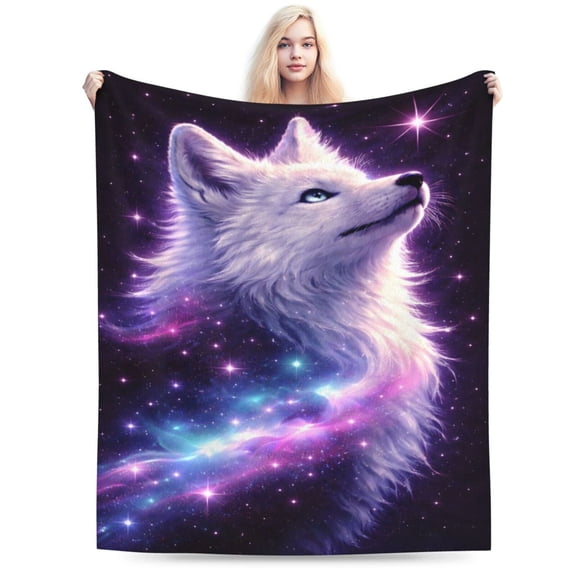 Galaxy Arctic Fox Blanket Cosmic Space Fox Blanket Soft Cozy Flannel Fantasy Animal Blanket Winter Decor Christmas Gift 50x40