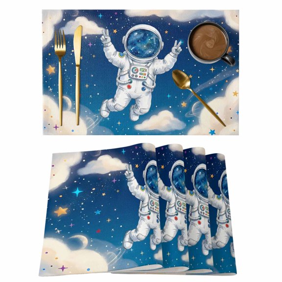 Galaxy Astraunt Placemats Set of 12 Funny Universe Starry Sky Cartoon Place Mats Indoor Wipeable Table Mats Washable Cloth Dining Table Placemats for Kitchen Holiday Party Home Decor 13x19 Inch