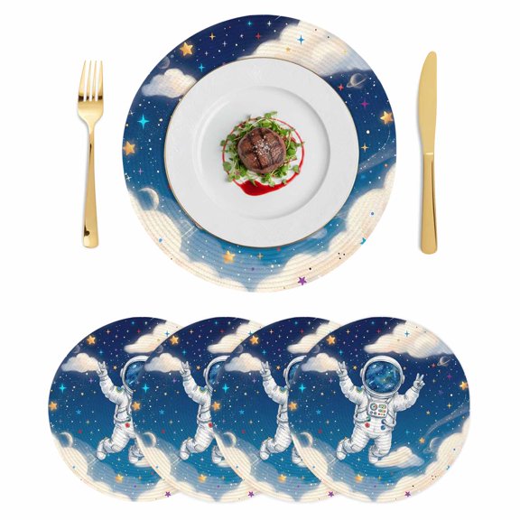 Galaxy Astraunt Round 13 Inch Placemats Set of 4, Funny Universe Starry Sky Cartoon HeatResistant Non Slip Place Mats for Dining Table, Wipeable Braided Kitchen Table Mats for Housewarming