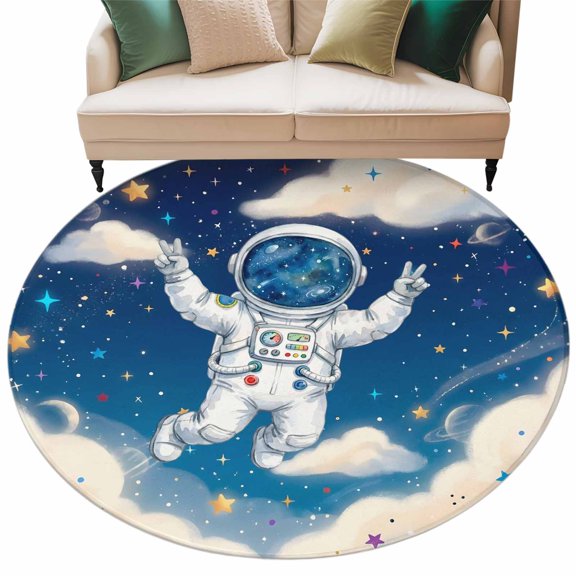 Galaxy Astraunt Round Rug 5ft Washable Circle Kitchen Rugs Non Slip Funny Universe Starry Sky Cartoon Large Area Rug Indoor Floor Carpet for Bedroom Living Room Home Office Dining Room Nursery