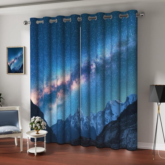 Galaxy Aurora Window Curtain Night Watercolor Fantasy Star Sky Pattern Printed Window Drapes Romantic Nebula Mountains Blackout Curtains For Room Decor Curtain 42"W x 63"L (Pack of 2)