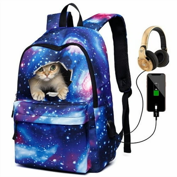 Galaxy Backpack for School, Cat Luminous Backpack College Bookbag Laptop Backpack with USB Charging Port