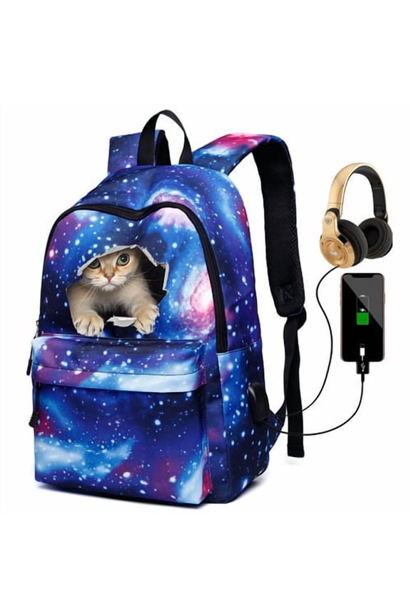 Galaxy Backpack for School, Cat Luminous Backpack College Bookbag Laptop Backpack with USB Charging Port