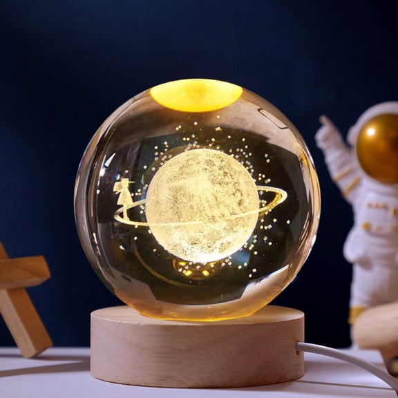Galaxy Ball Night Light – 3D Laser Engraved LED Lamp with Wood Base, USB Powered Desk Decor for Kids