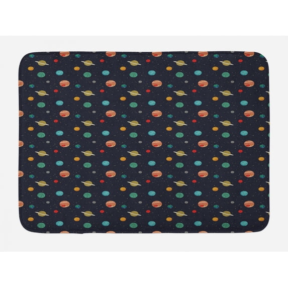 Galaxy Bath Mat, Simplistic Cartoon Design of Various Planets and Dot Shape Stars, Plush Bathroom Decor Mat with Non Slip Backing, 29.5" X 17.5", Multicolor, by Ambesonne
