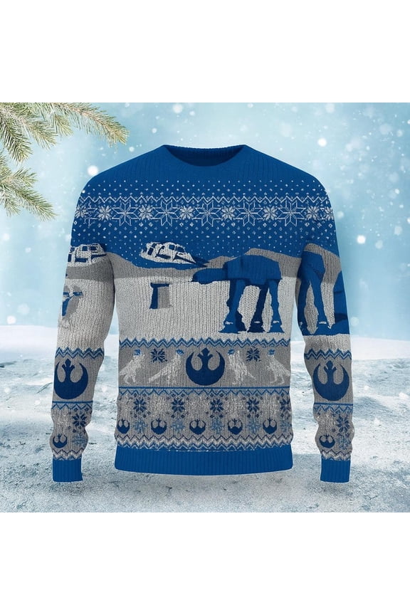 Galaxy Battle Christmas Sweater, Blue Sci-Fi Holiday Sweater, Robot Winter Knit, Snowy Space Theme Jumper, Unisex Festive Shirt