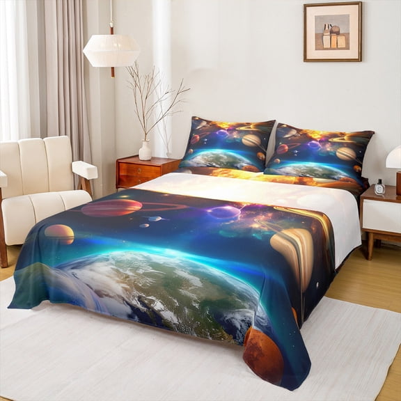 Galaxy Bed Sheets Set Full Outer Space Room Decor Fitted Sheet Blue Planet Earth Print Sheet Set Teens Universe Themed Flat Sheet Solar System Space Theme Bedding Set