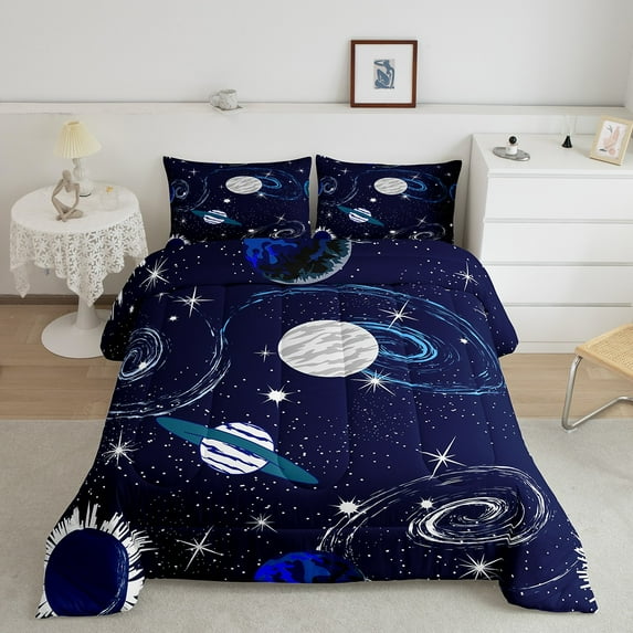 Galaxy Bedding King Outer Space Comforter Set, Universe Themed Bedding Comforter Sets for Teens Galaxy Theme Bedroom Decor,Solar System Duvet Insert Planet Print Quilt Blue