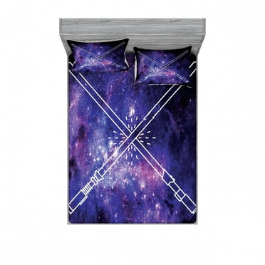 Galaxy Bedding Set with Sheet & Covers, Futuristic Starry Sky Galaxy Illustraiton Pattern Universe Outer Space, Printed Bedroom Decor 2 Shams, 4 Sizes, Purple Black, by Ambesonne