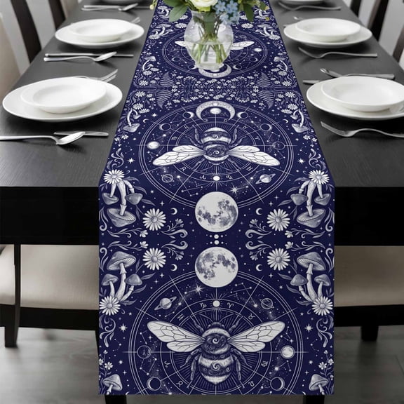 Galaxy Bee Table Runner, Abstract Navy Blue and White Moon Mushroom Plant Washable Cotton-linen Table Runners Dining Kitchen Decoration for Everyday Home Wedding Party Decor, 13 x 36 Inch