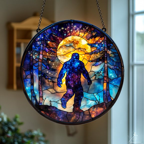 Galaxy Bigfoot Acrylic Suncatcher Faux Stained Glass Window Hanging with Cosmic Forest Design, Cryptid Decor Gift for Sasquatch & Myth Fan