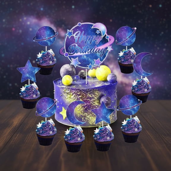 Galaxy Birthday Cake Decorations Solar System Happy Birthday Cake Topper Planets Star Planet Moon Outer Space Cupcake Toppers for Starry Sky Universe Space Themed Birthday Party Supplies - 25pcs