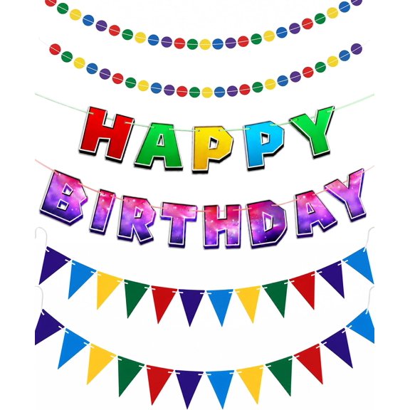 Galaxy Birthday Decorations, Happy Banner Pennant Bunting Dot Circle Garland, Party Supplies Favors for Kids Boys Girls Outdoor Indoor